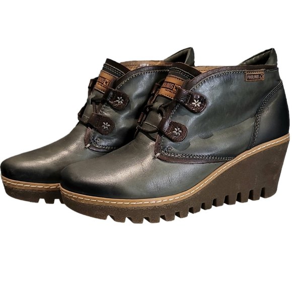 PIKOLINOS Shoes - Pikolinos Women's Green Leather Lace Up Wedge Booties Size 6/37